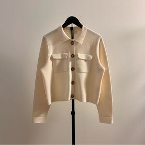 Sezane Betty Ecru/Cream Merino Wool Collared Shirt Cardigan Size L